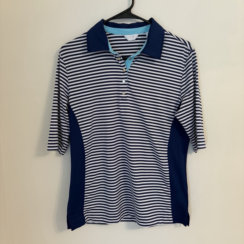 Callaway Women's Golf Polo Sports Medium Blue White Stripped Button Closure